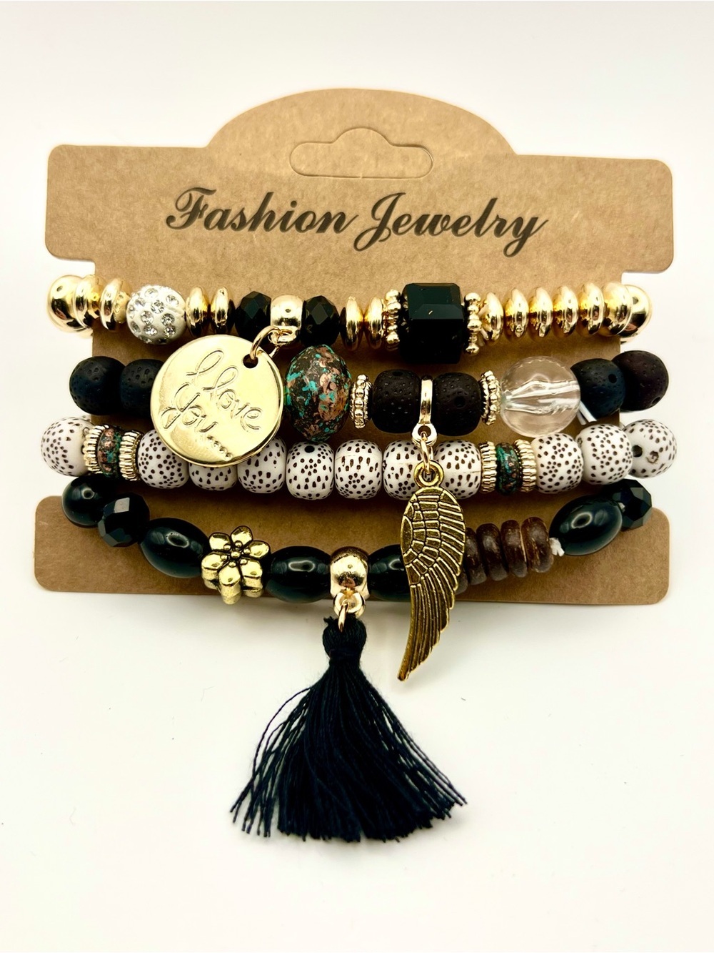 Fashion Jewelry Black/Gold Beaded Bracelet Stack Tassel/Wing & I Love You Charms